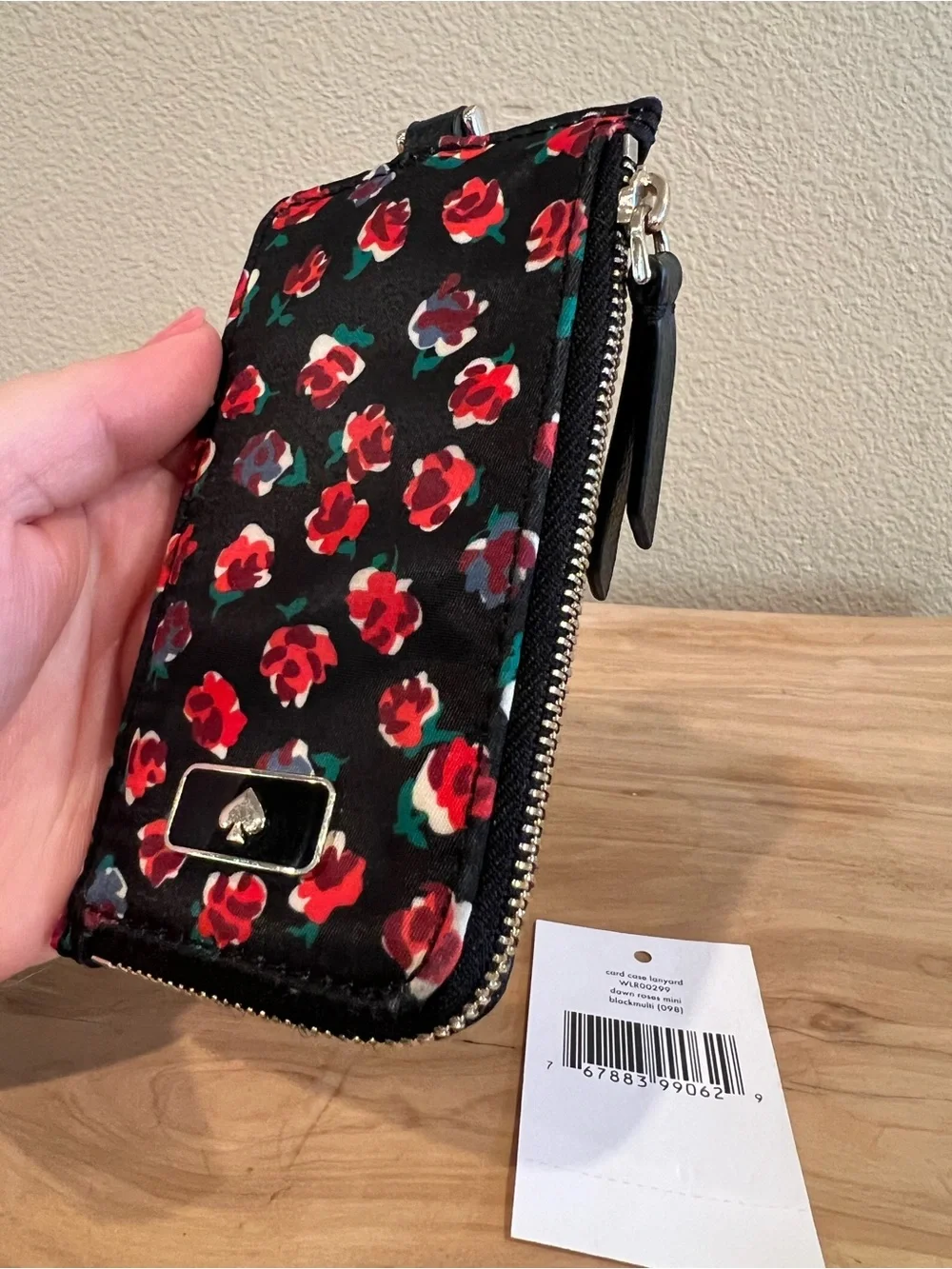 kate spade black floral card case with red roses